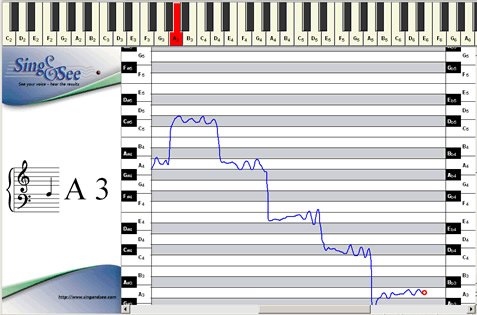 SING&SEE Vocal Training Software showing voice pitch