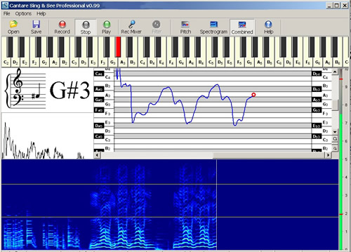 Vocal Training Software showing the voice pitch and spectographic information